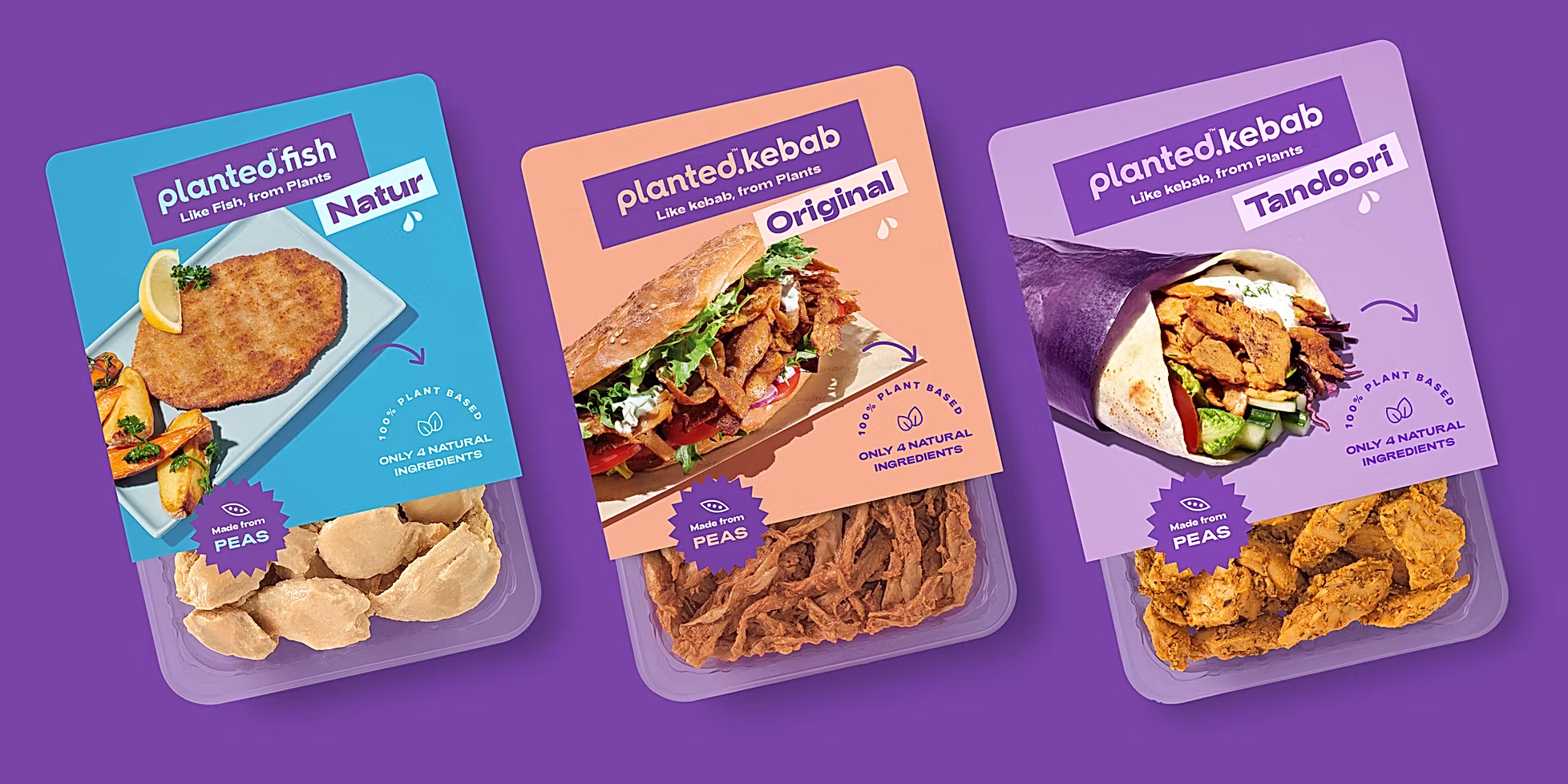 Three redesigned packs on a purple background: planted.fish Natur, planted.kebab Original and planted.kebab Tandoori